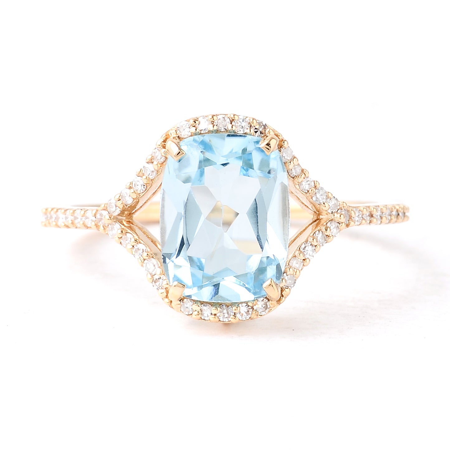 2.37 Ct Rectangular Cushion Mixed Cut Natural Blue Topaz 14K Gold Ring