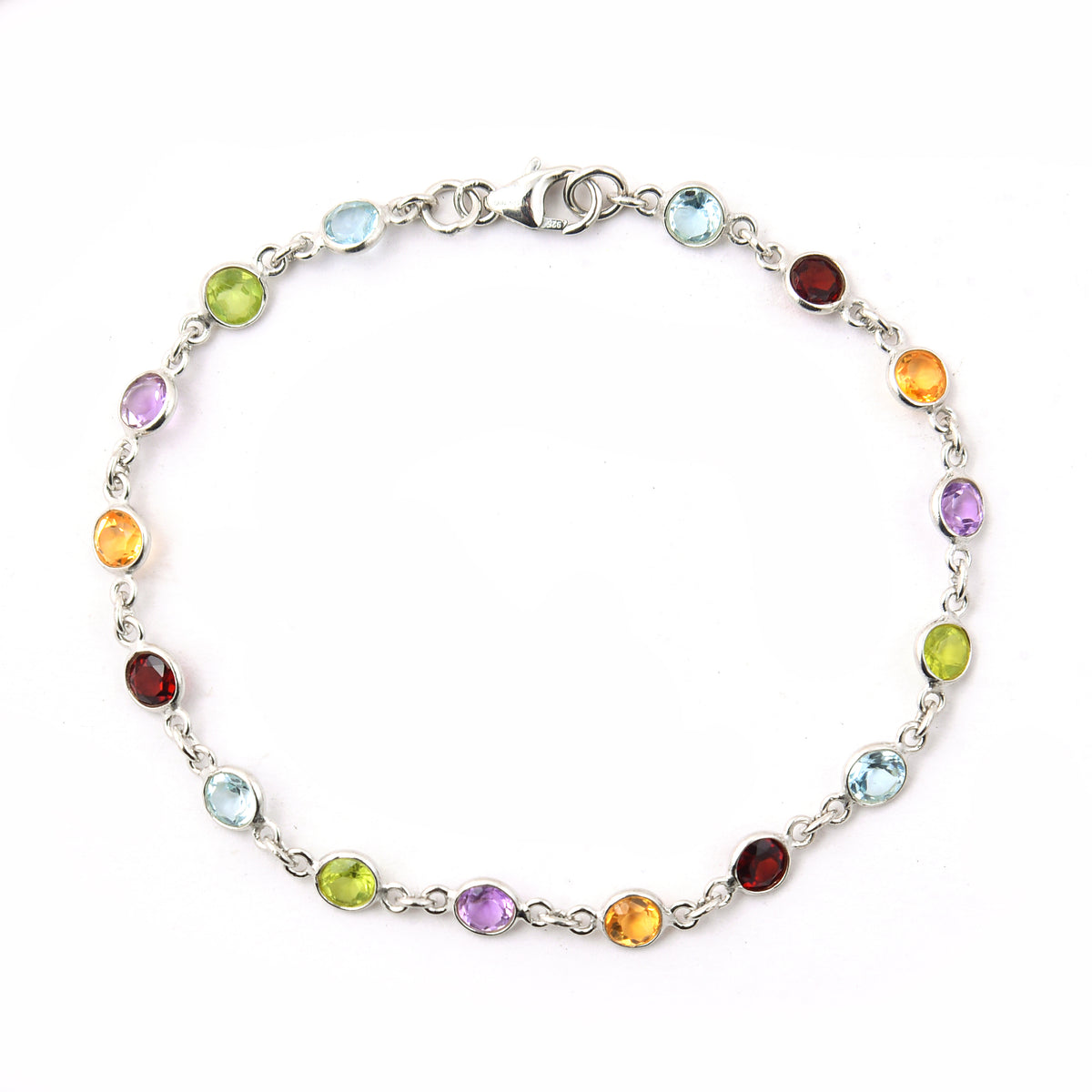 4.58 Ct Round Garnet, Peridot, Blue Topaz, Citrine, Amethyst 925 Sterling Silver Bracelet