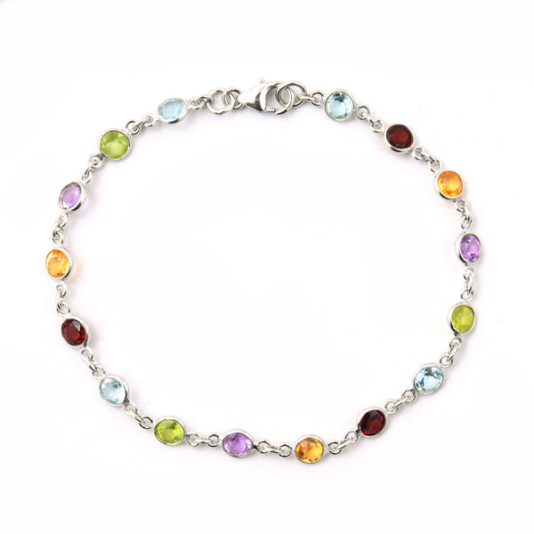 4.58 Ct Round Garnet, Peridot, Blue Topaz, Citrine, Amethyst 925 Sterling Silver Bracelet