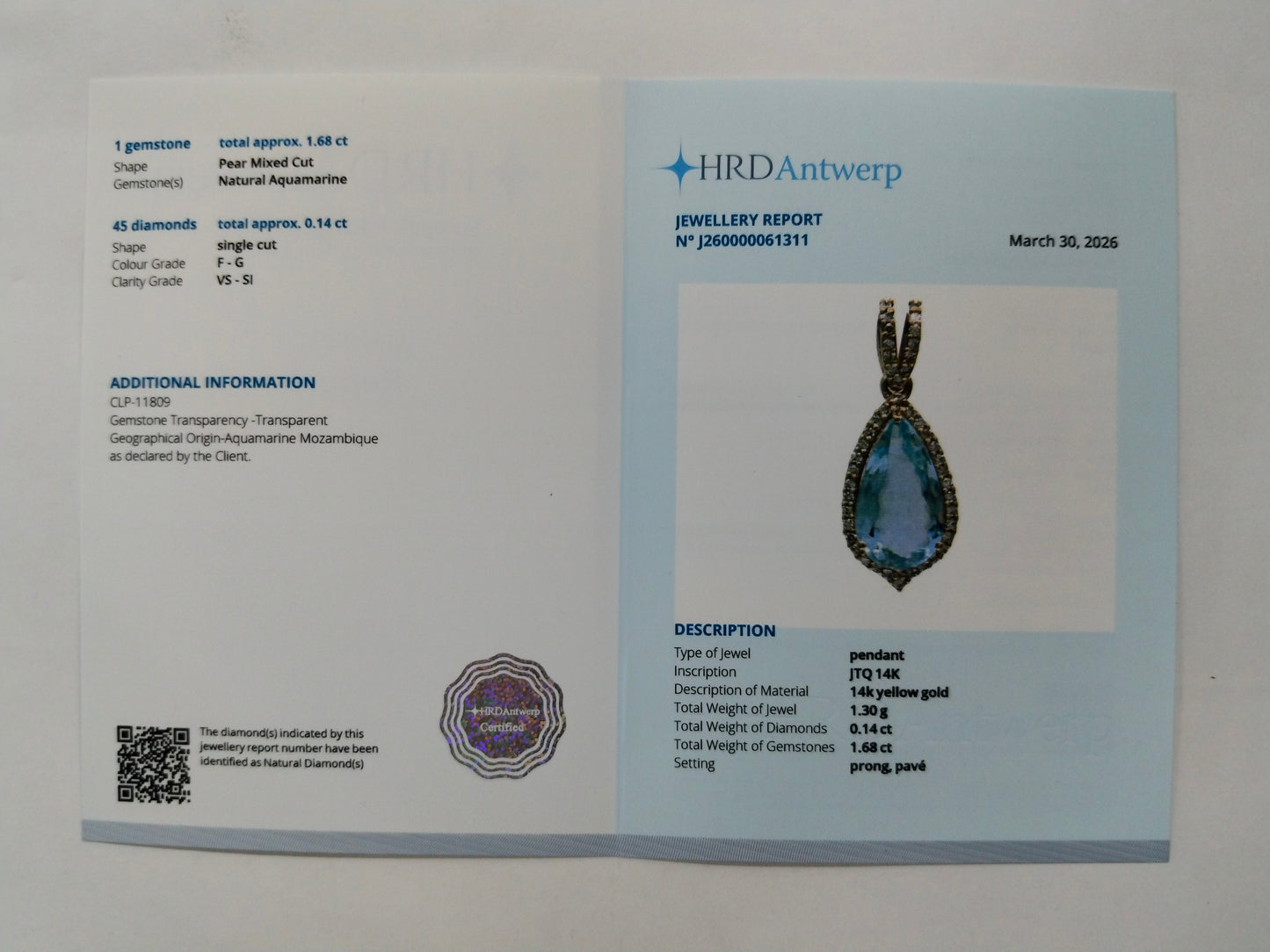 1.82 Ct Pear Mixed Cut Natural Aquamarine 14K Gold Pendant