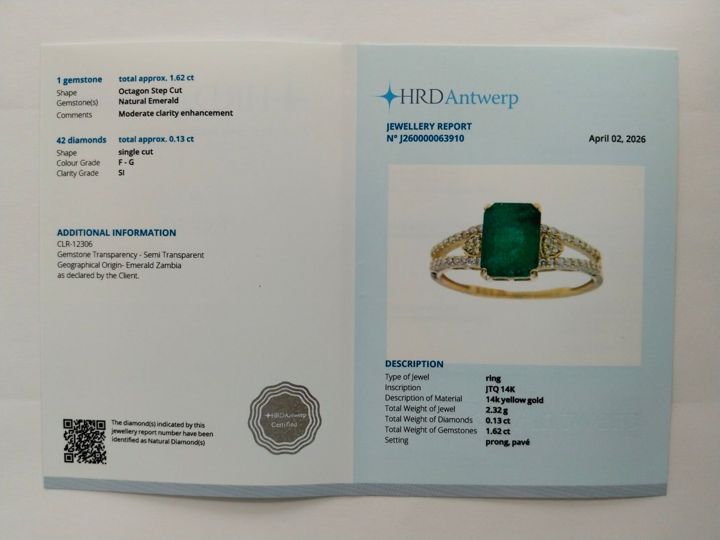 1.75 Ct Octagon Step Cut Natural Emerald 14K Gold Ring