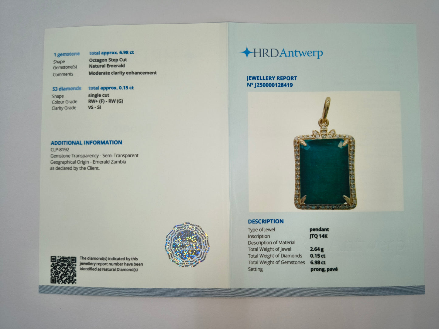 7.13 Ct Octagon Natural Emerald 14K Gold Pendant