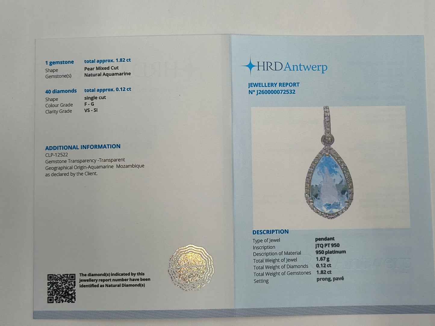 1.94 Ct Pear Mixed Cut Natural Aquamarine 950 Platinum Pendant