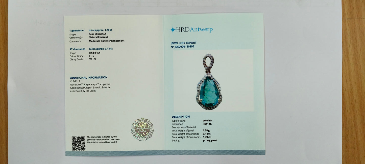 1.84 Ct Pear Mixed Cut Natural Emerald 14K Gold Pendant