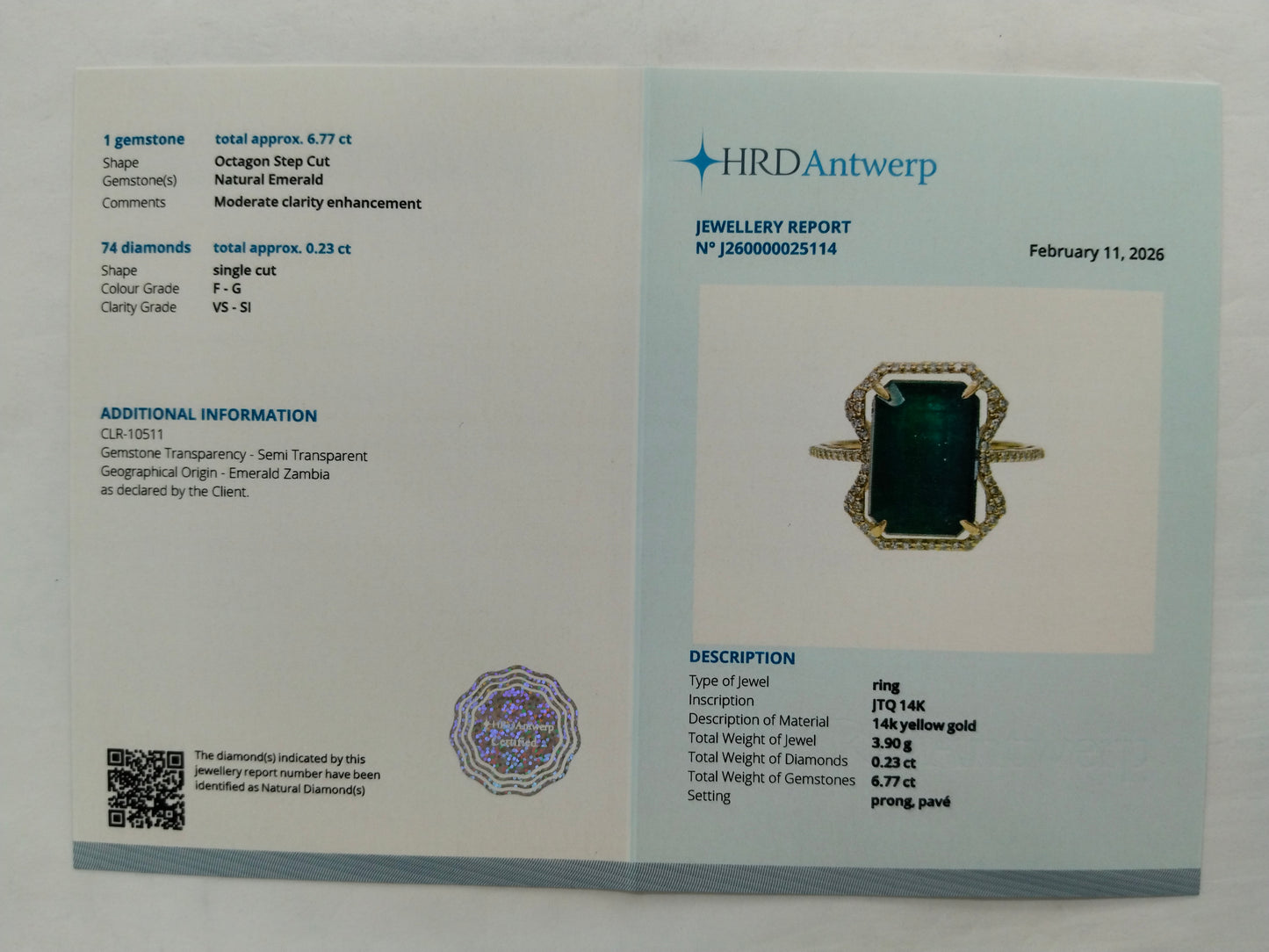 7.00 Ct Octagon Step Cut Natural Emerald 14K Gold Ring