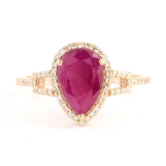 2.07 Ct Pear Mixed Cut Natural Corundum Ruby 14K Gold Ring