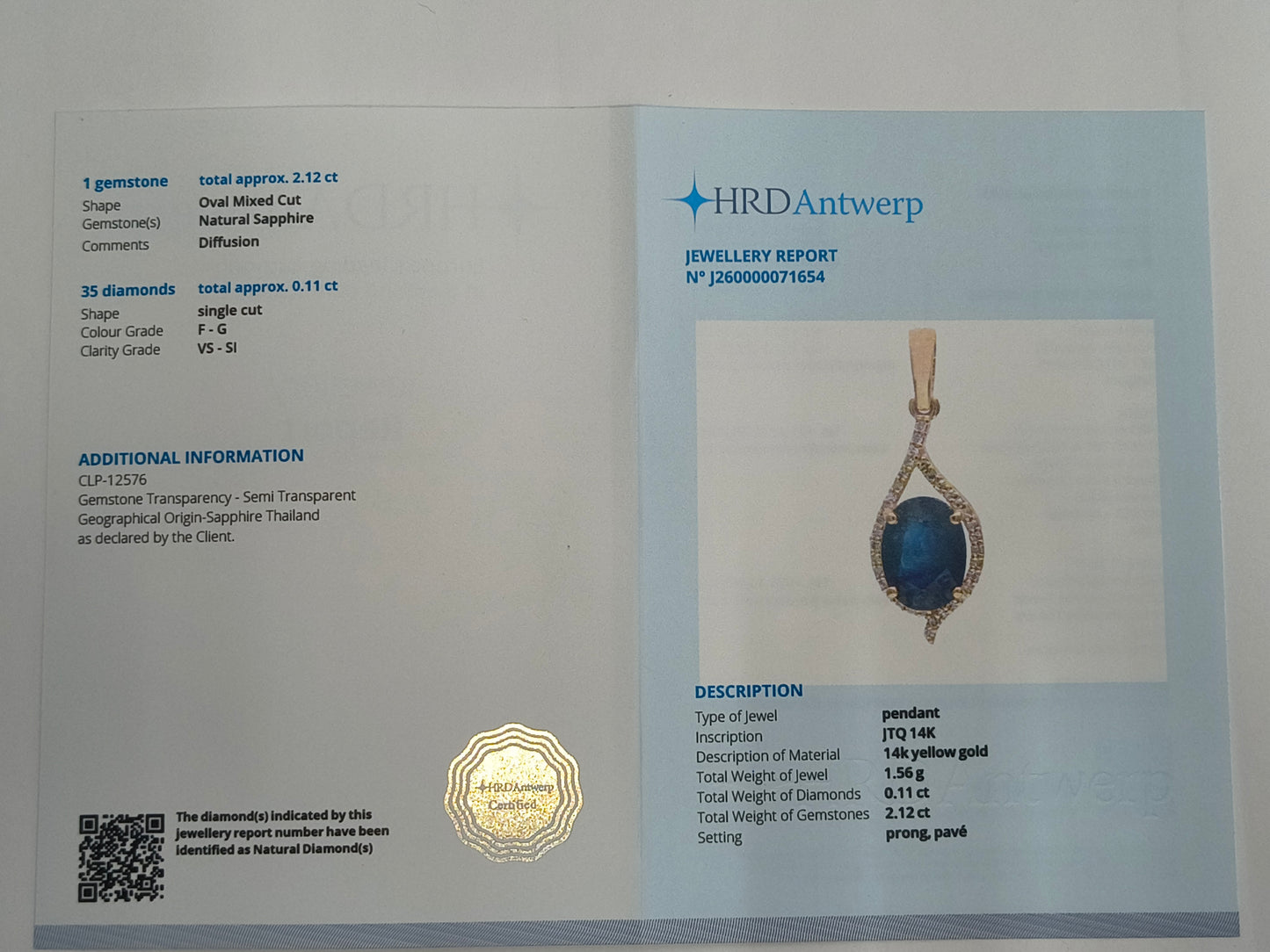 2.23 Ct Oval Mixed Cut Natural Sapphire 14K Gold Pendant