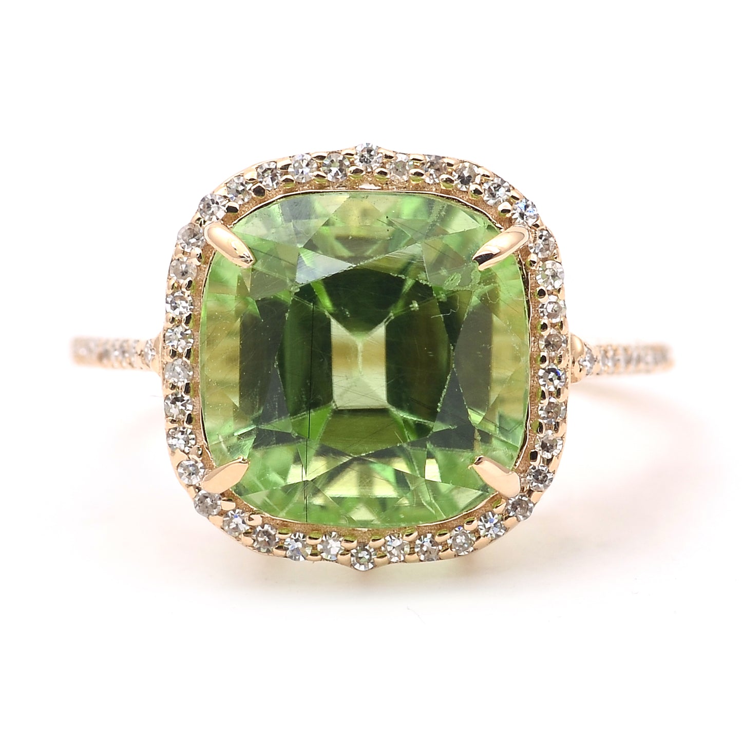 7.06 Ct Cushion Mixed Cut Natural Peridot 14K Gold Ring