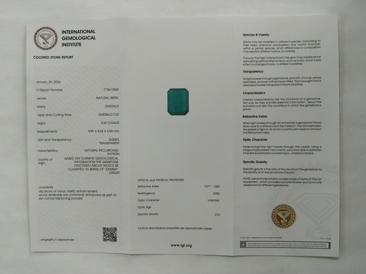 3.34 Natural Beryl Emerald Emerald Cut Gemstone