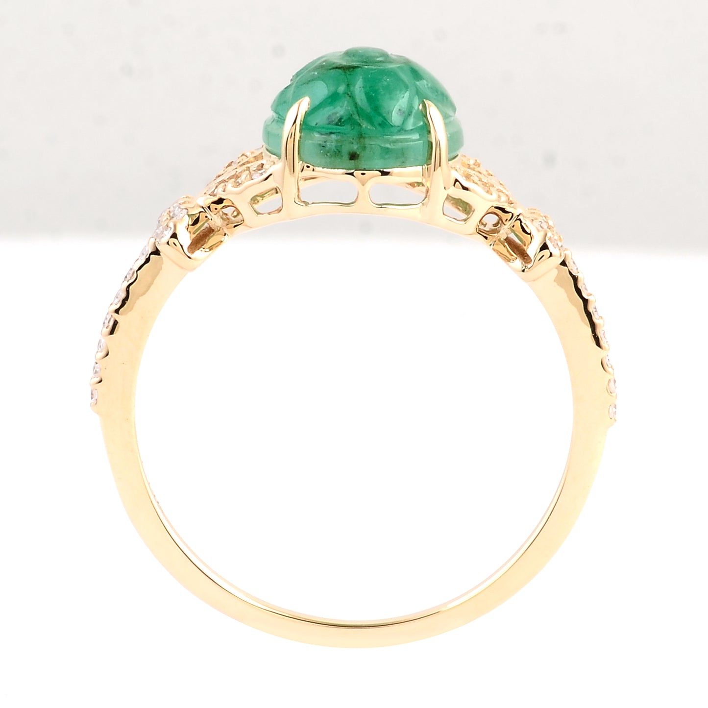 2.23 Ct Round Carving Natural Beryl Emerald 14K Gold Ring