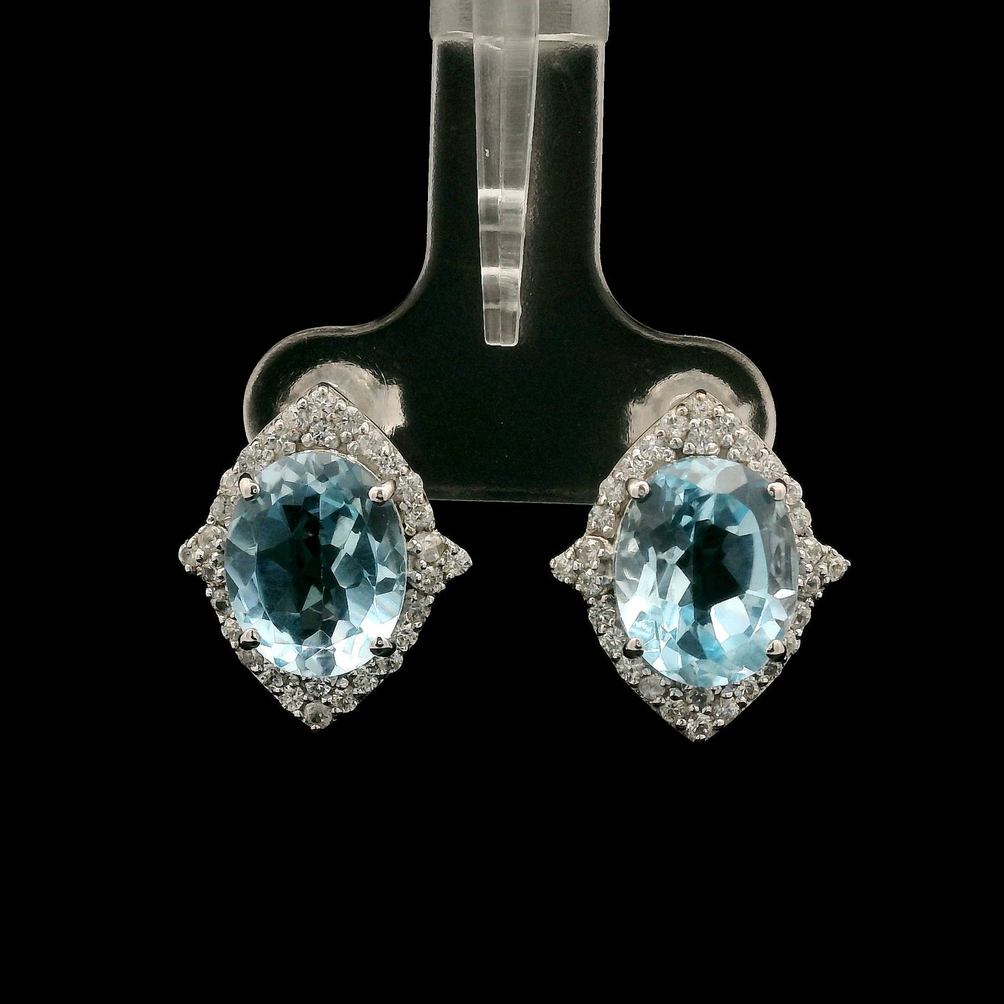 7.51 Ct Oval Blue Topaz, White Zircon 925 Sterling Silver Earrings