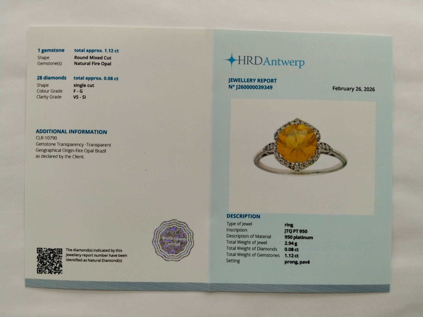 1.20 Ct Round Mixed Cut Natural Fire Opal 950 Platinum Ring