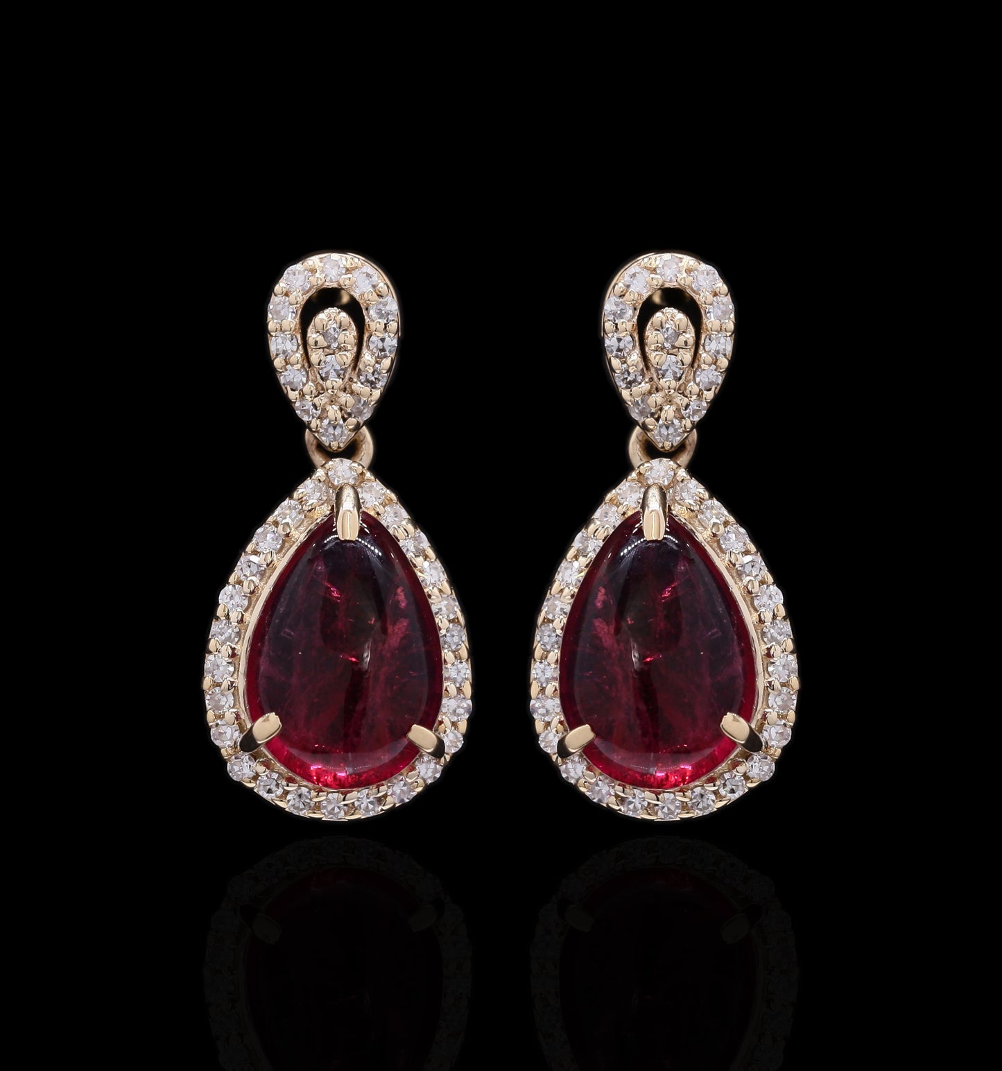 4.00 Ct Pear Cabochon Natural Rubellite 14K Gold Earrings