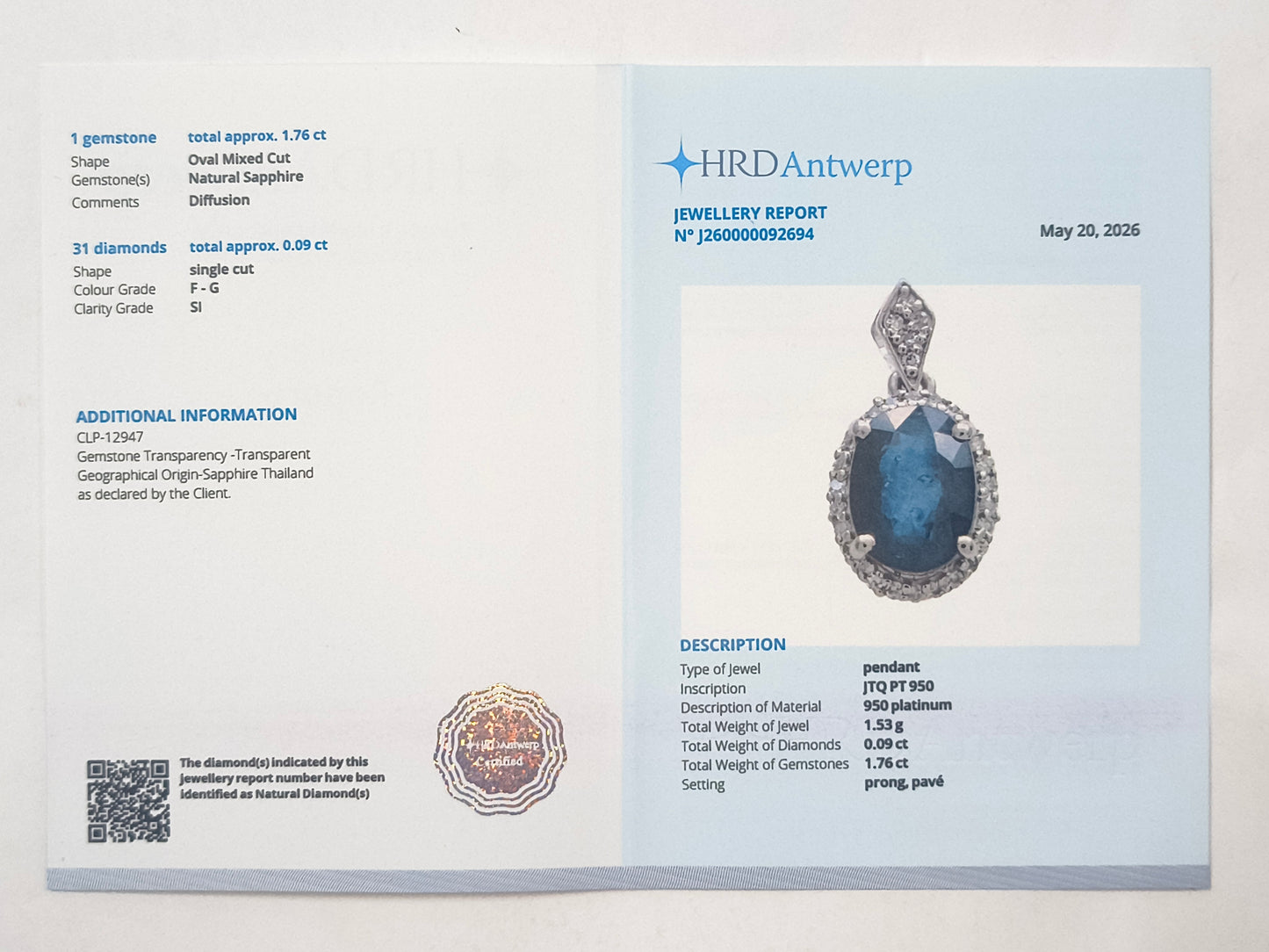 1.85 Ct Oval Sapphire 950 Platinum Pendant
