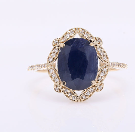 3.74 Ct Oval Mixed Cut Natural Sapphire 14K Gold Ring