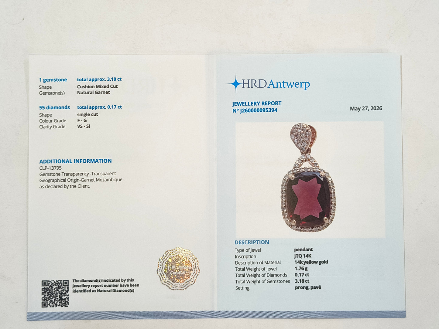 3.35 Ct Cushion Mixed Cut Natural Garnet 14K Gold Pendant