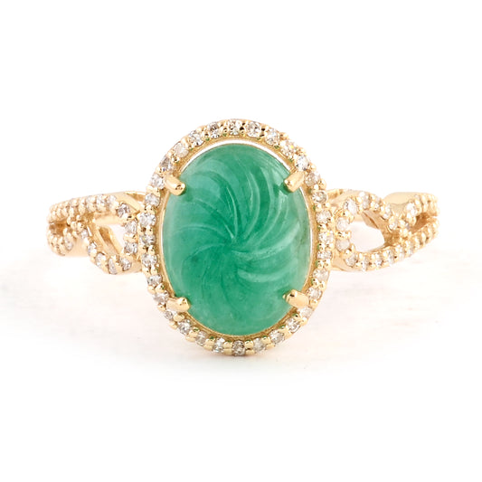 2.70 Ct Oval Carving Natural Beryl Emerald 14K Gold Ring