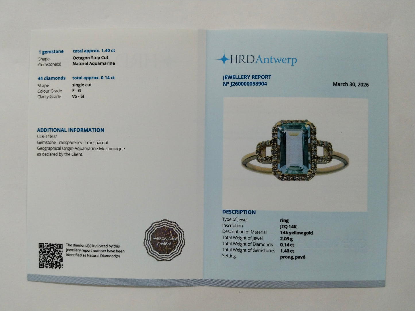 1.54 Ct Octagon Step Cut Natural Aquamarine 14K Gold Ring
