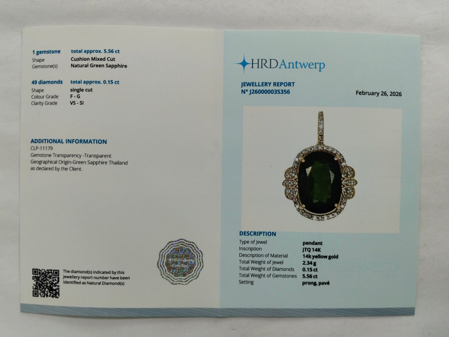 5.71 Ct Oval Mixed Cut Natural Green Sapphire 14K Gold Pendant