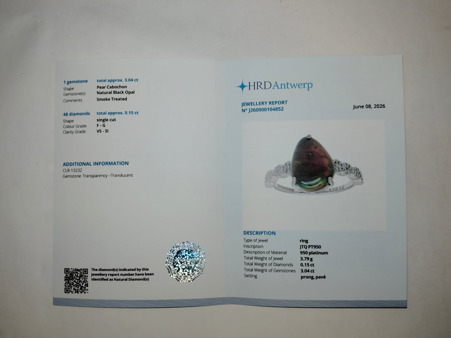 3.19 Ct Pear Cabochon Natural Black Opal 950 Platinum Ring