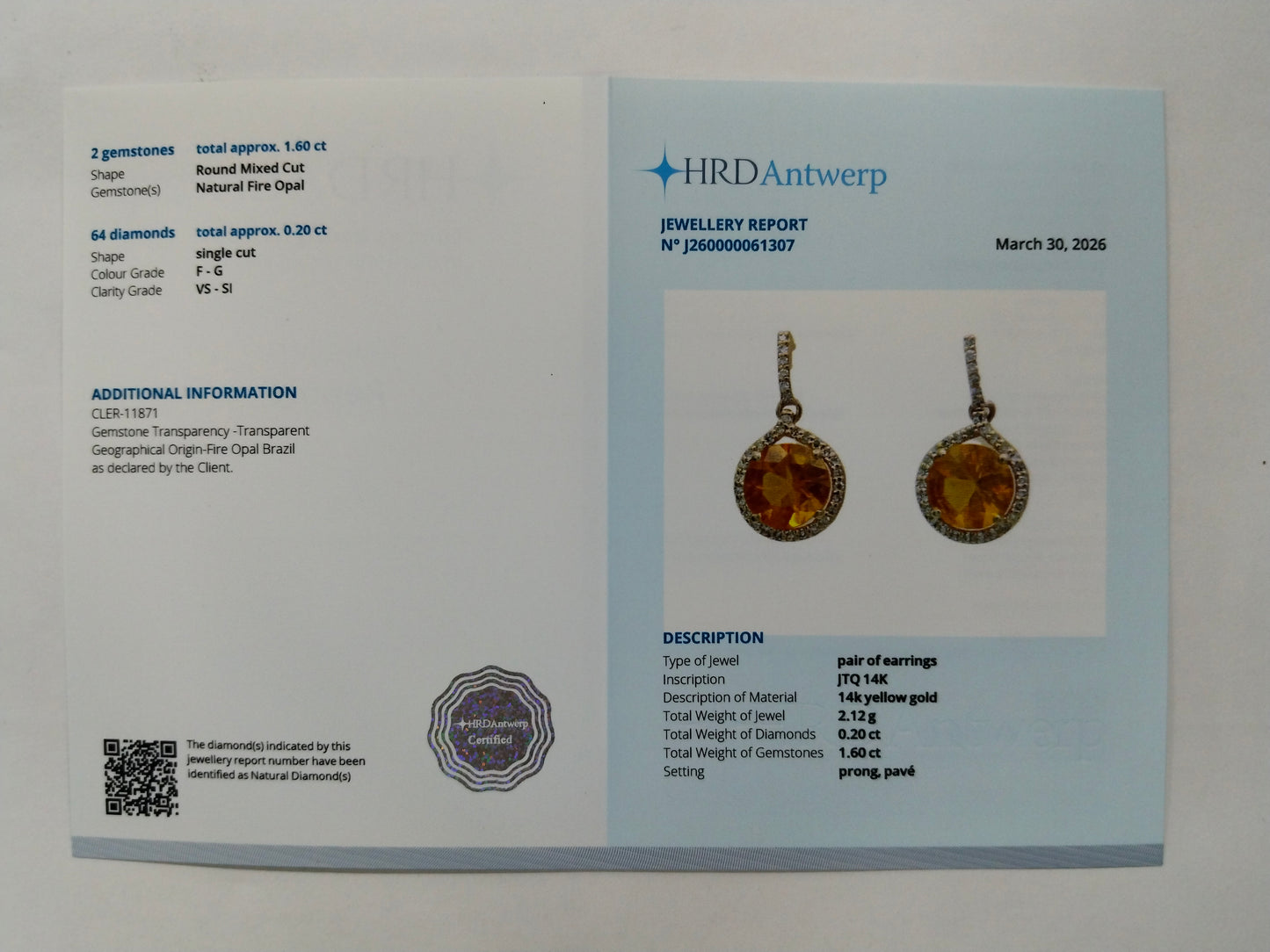 1.80 Ct Round Mixed Cut Natural Fire Opal 14K Gold Earrings