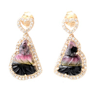 5.73 Ct Fancy Carving Natural Tourmaline 14K Gold Earrings