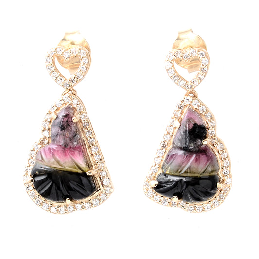 5.73 Ct Fancy Carving Natural Tourmaline 14K Gold Earrings