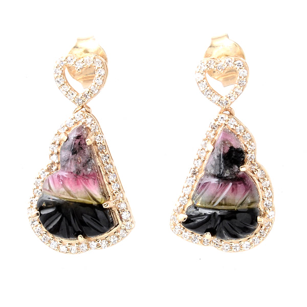 5.73 Ct Fancy Carving Natural Tourmaline 14K Gold Earrings