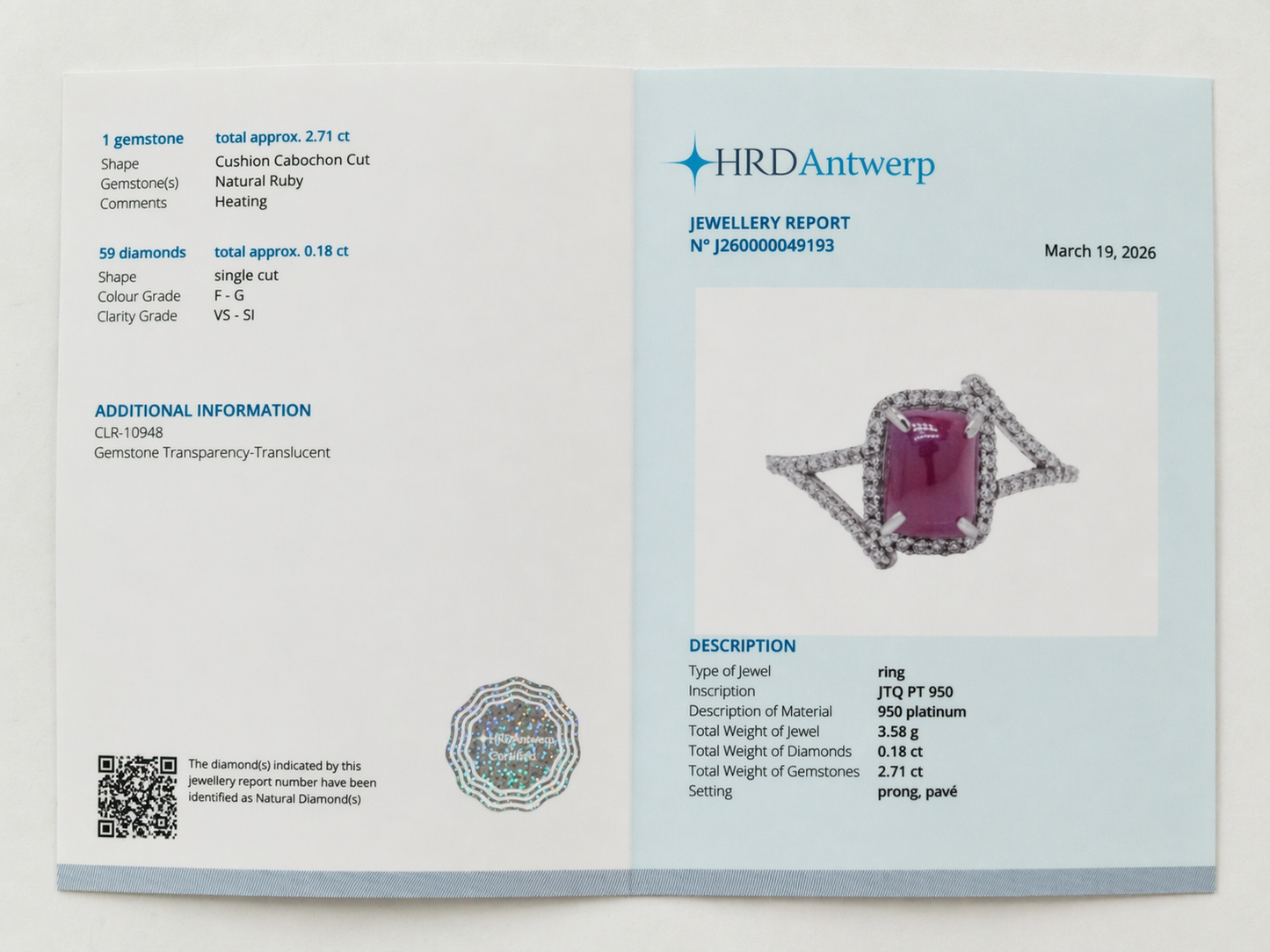 2.89 Ct Cushion Cabochon Cut Natural Ruby 950 Platinum Ring
