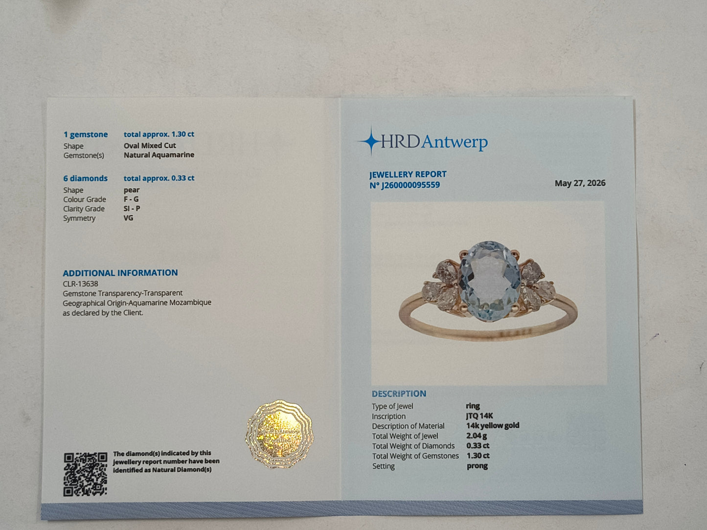 1.63 Ct Oval Mixed Cut Natural Aquamarine 14K Gold Ring