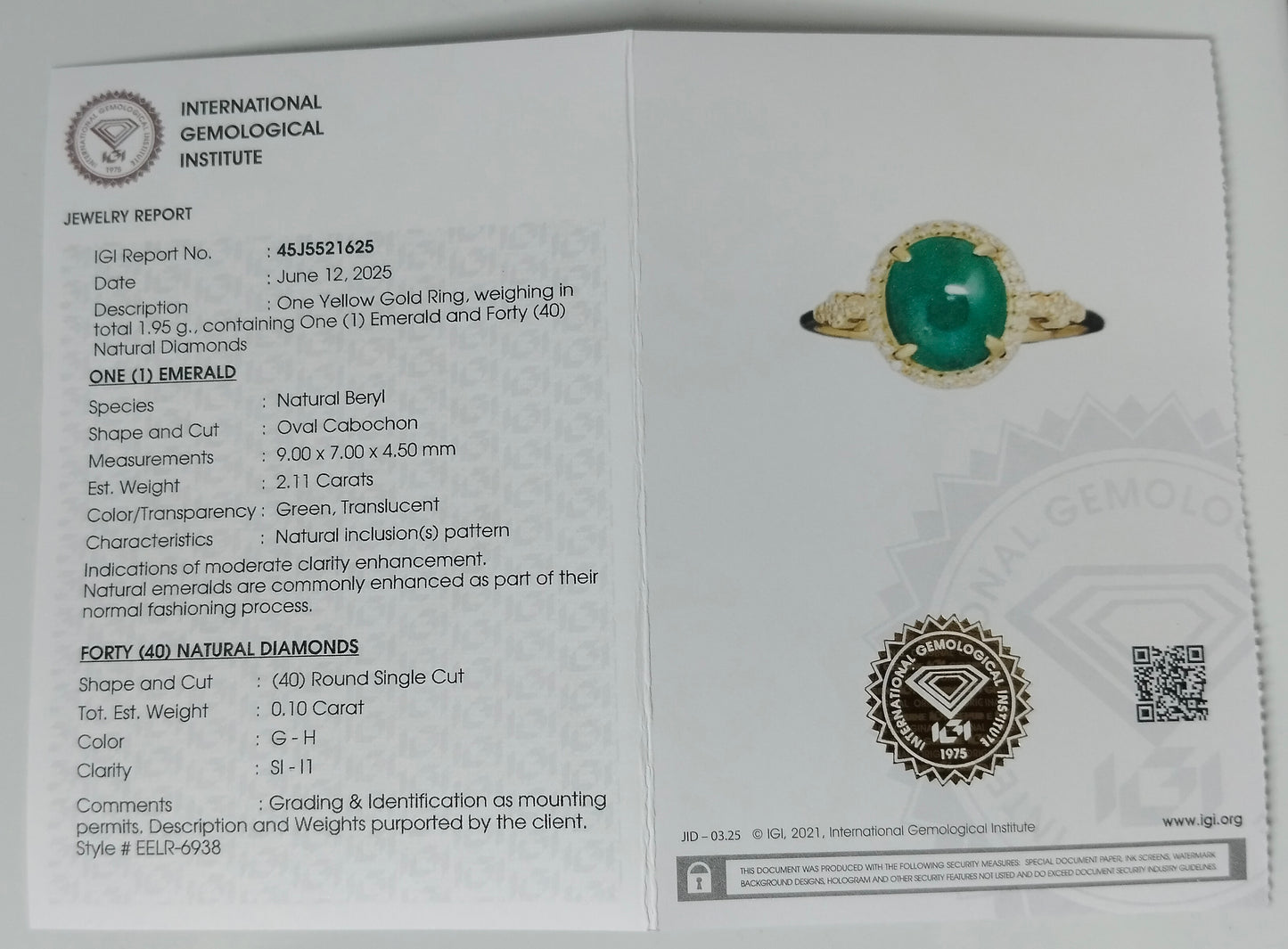 2.21 Ct Oval Cabochon Natural Beryl Emerald 14K Gold Ring