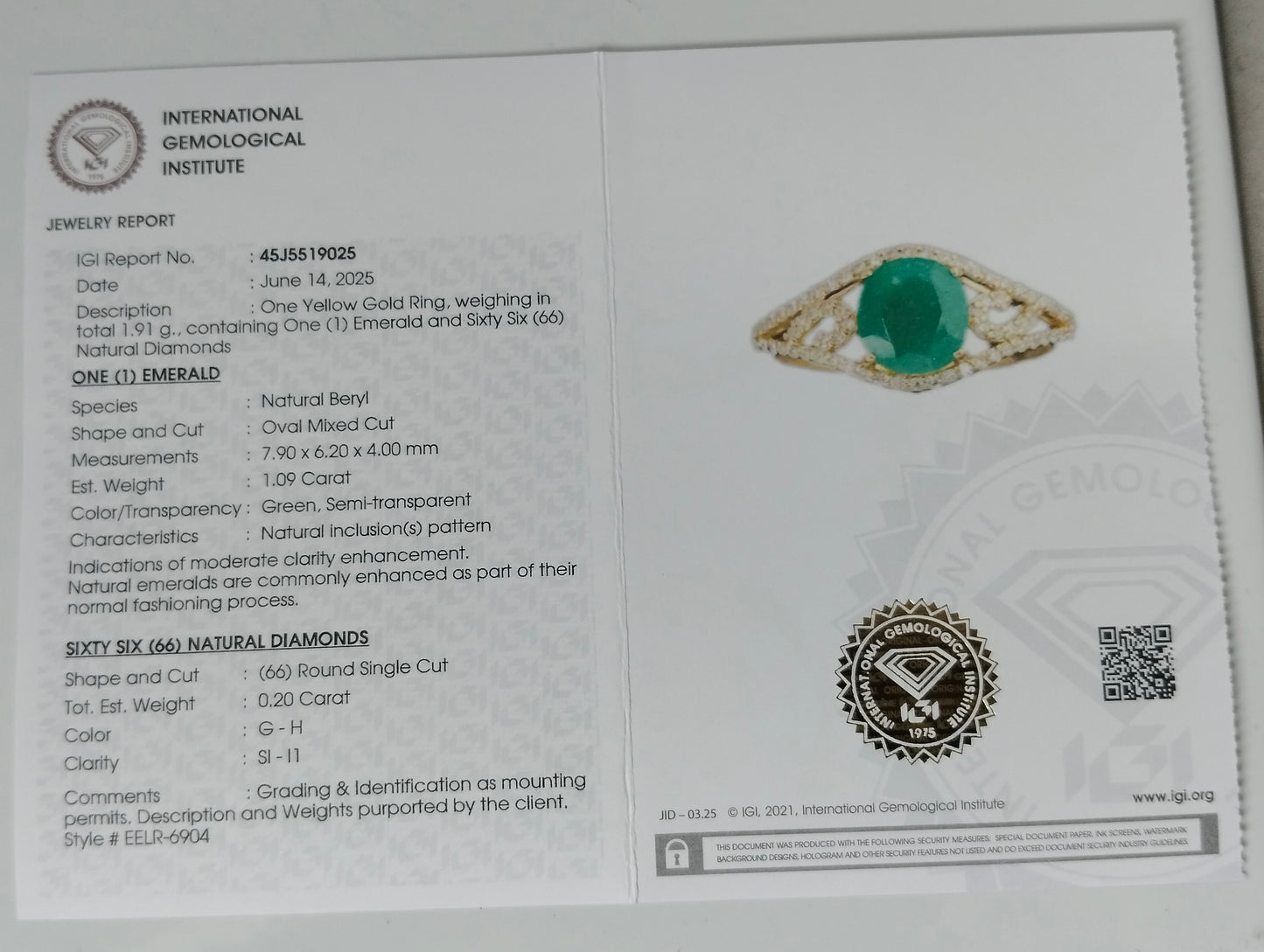 1.29 Ct Oval Mixed Cut Natural Beryl Emerald 14K Gold Ring
