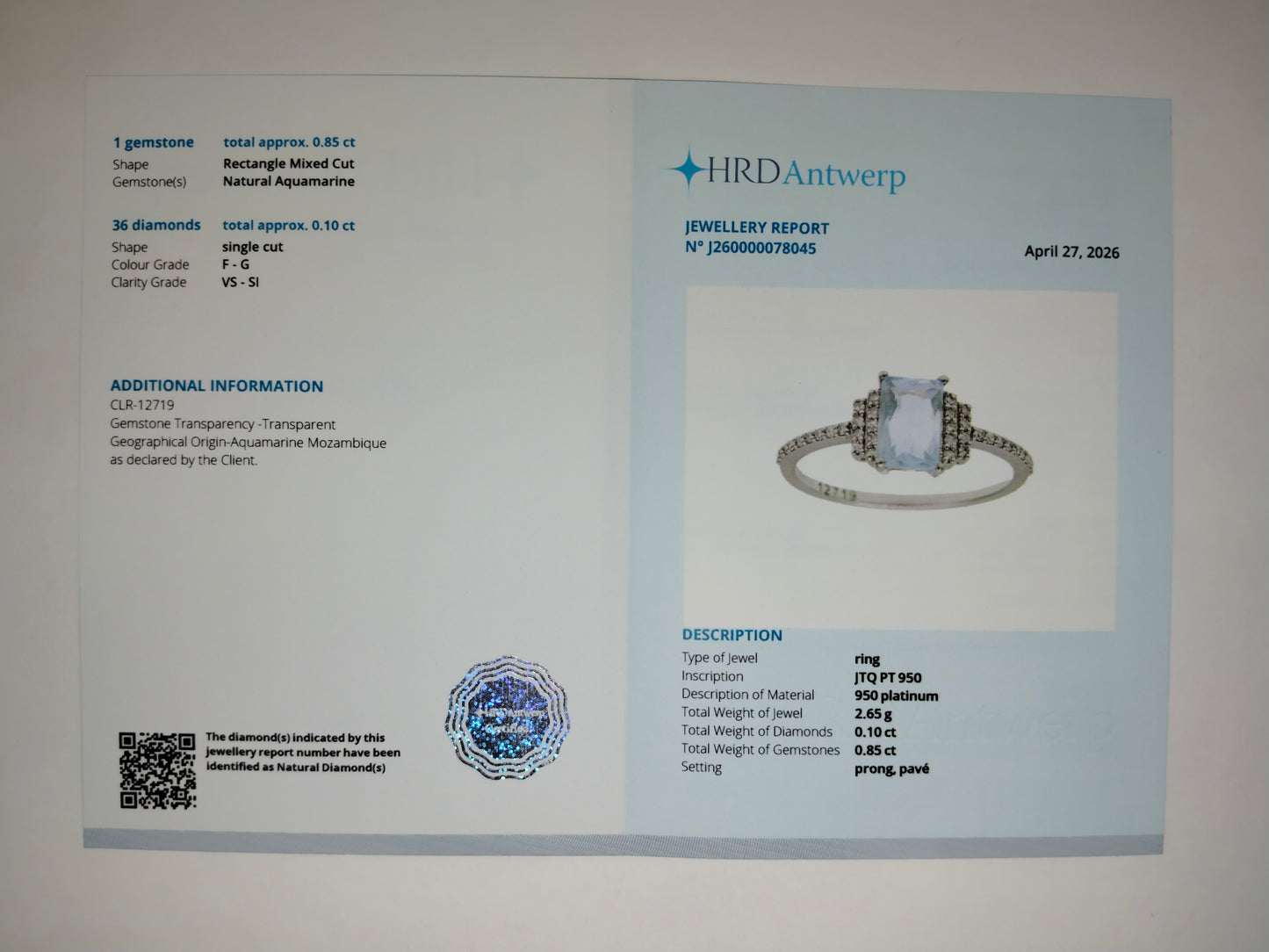 0.95 Ct Rectangle Mixed Cut Natural Aquamarine 950 Platinum Ring