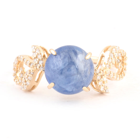 4.47 Ct Round Cabochon Natural Corundum Sapphire 14K Gold Ring