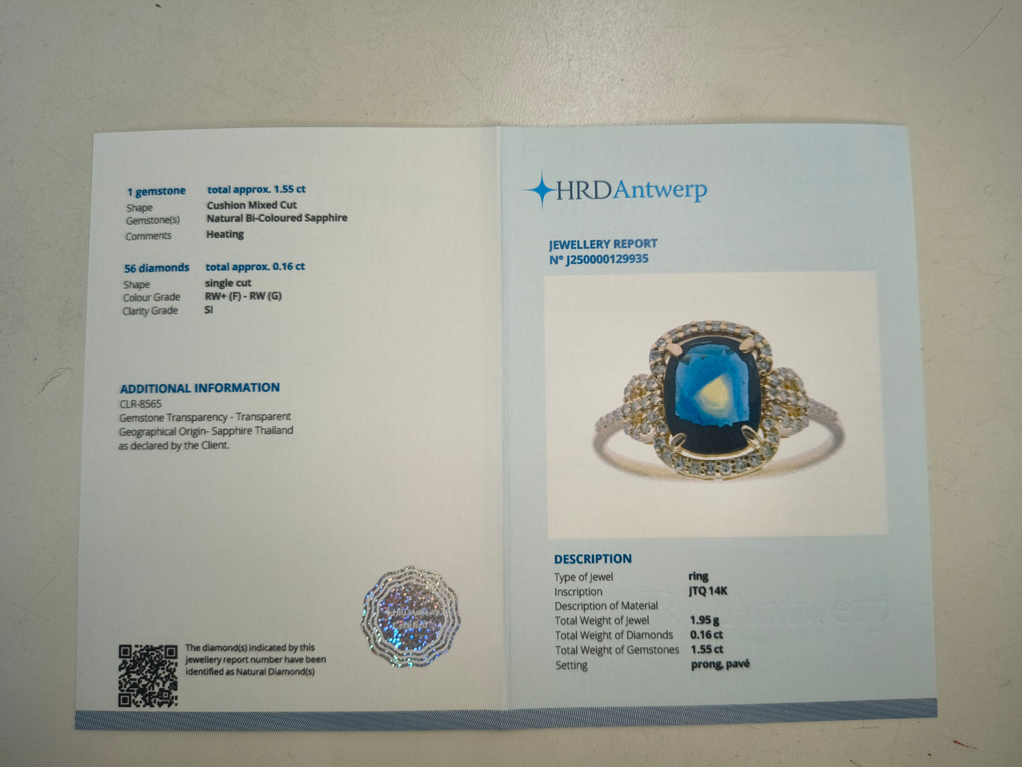 1.71 Ct Cushion Natural Sapphire 14K Gold Ring