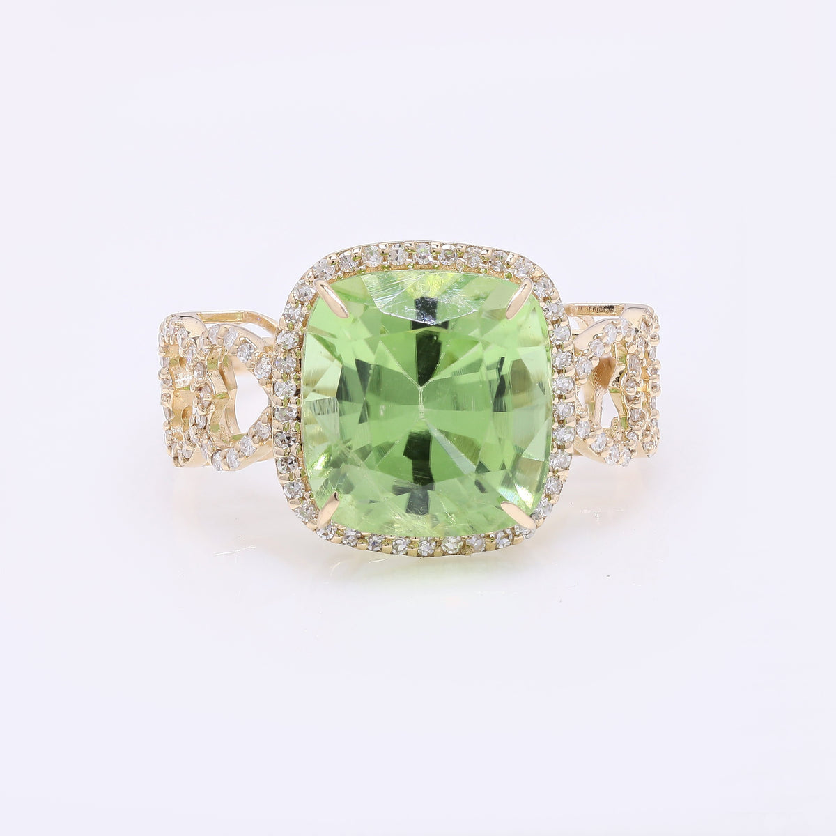 7.27 Ct Cushion Mixed Cut Natural Peridot 14K Gold Ring