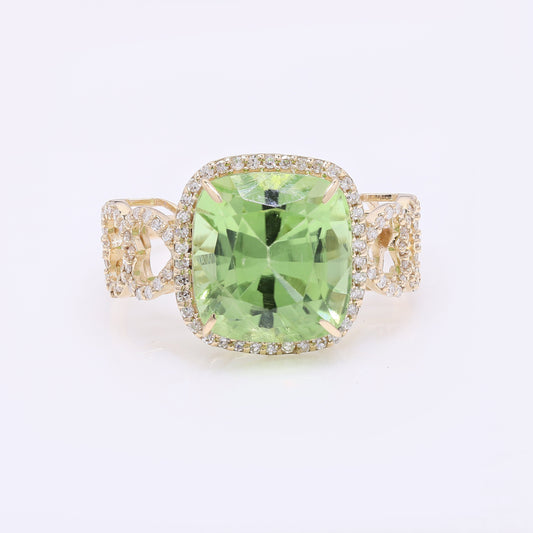 7.27 Ct Cushion Mixed Cut Natural Peridot 14K Gold Ring