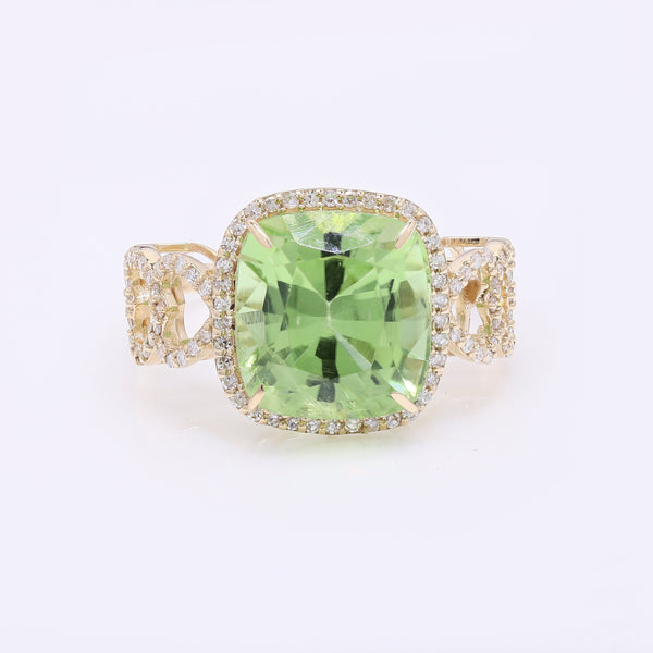 7.27 Ct Cushion Mixed Cut Natural Peridot 14K Gold Ring