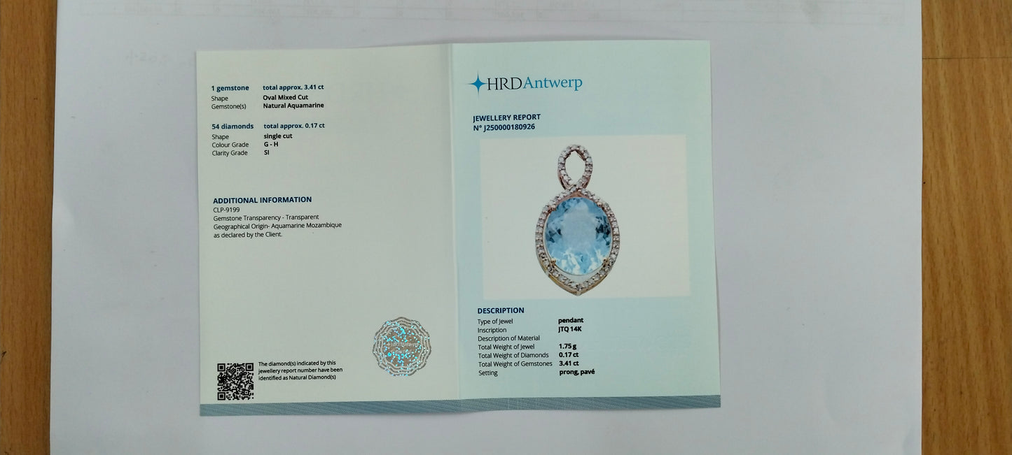 3.58 Ct Oval Mixed Cut Natural Aquamarine 14K Gold Pendant