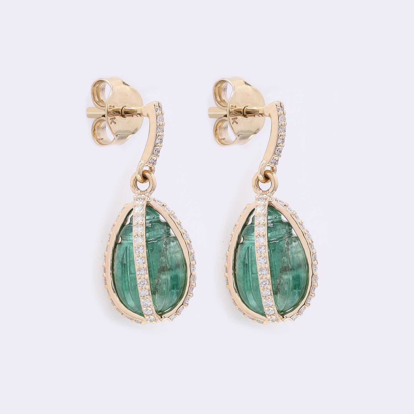 5.44 Ct Drop Carving Natural Emerald 14K Gold Earrings