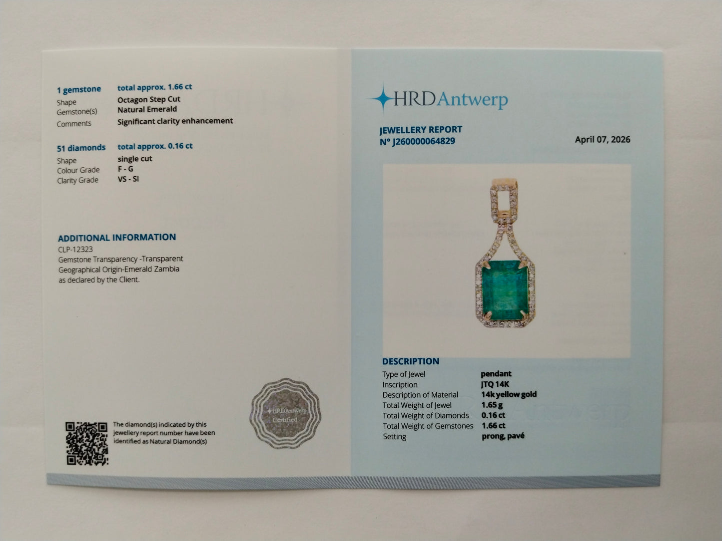 1.82 Ct Octagon Step Cut Natural Emerald 14K Gold Pendant