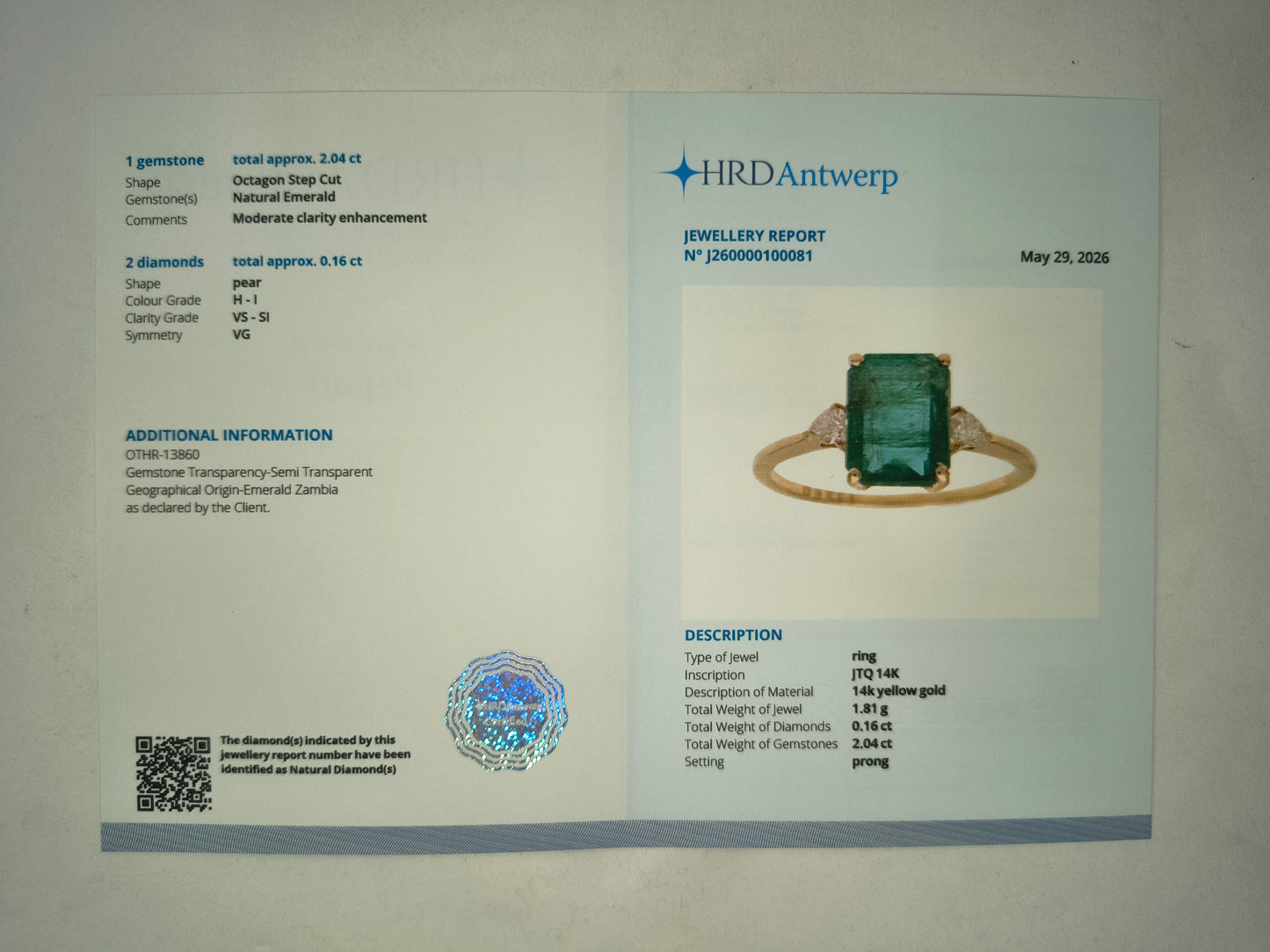 2.20 Ct Octagon Step Cut Natural Emerald 14K Gold Ring