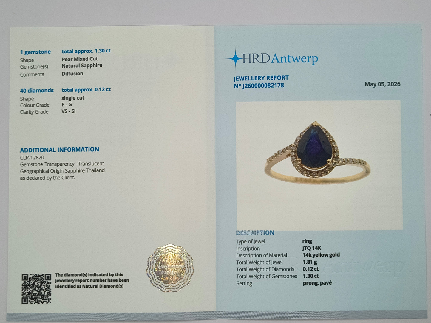 1.42 Ct Pear Mixed Cut Natural Sapphire 14K Gold Ring