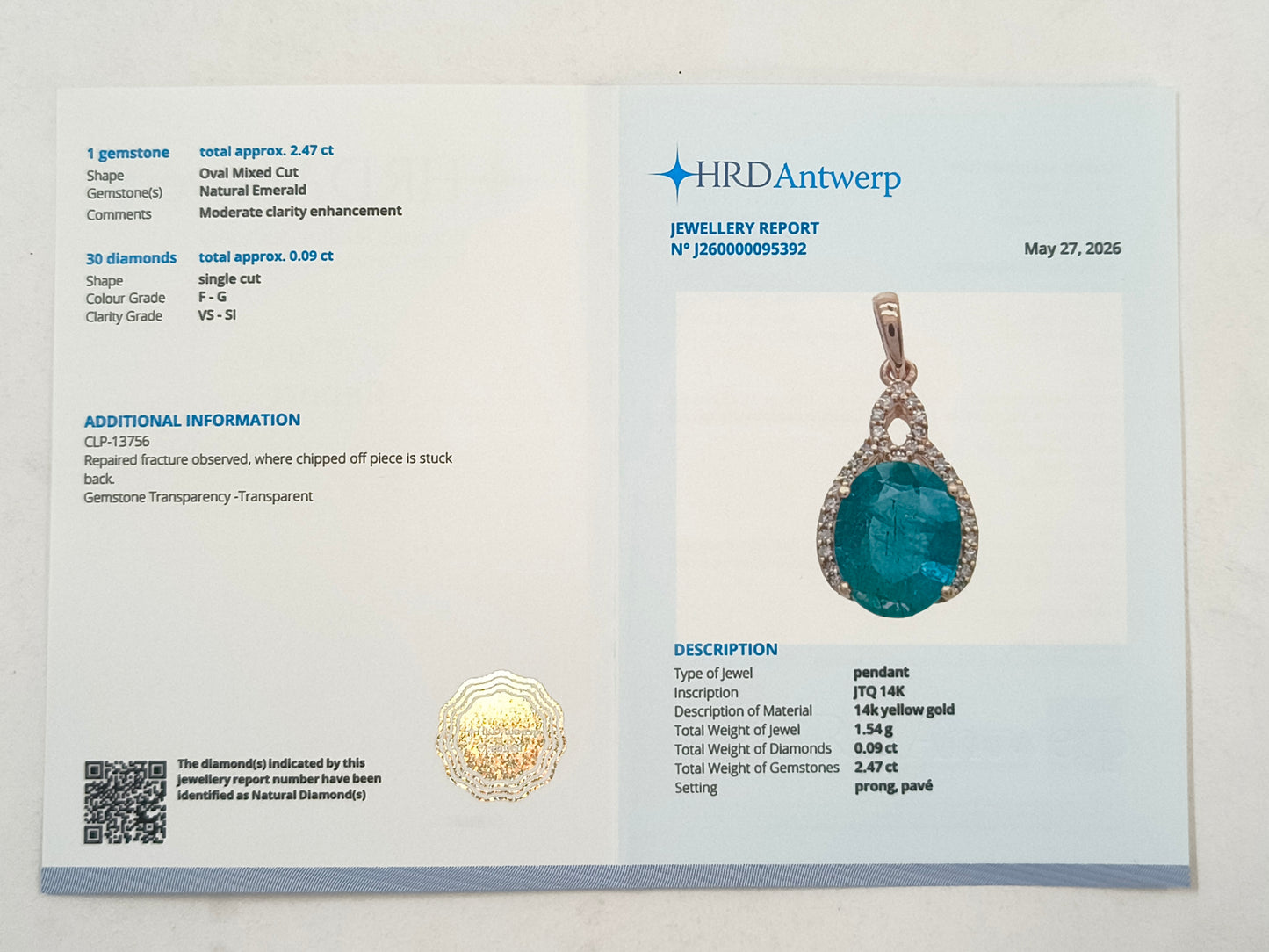 2.56 Ct Oval Mixed Cut Natural Emerald 14K Gold Pendant