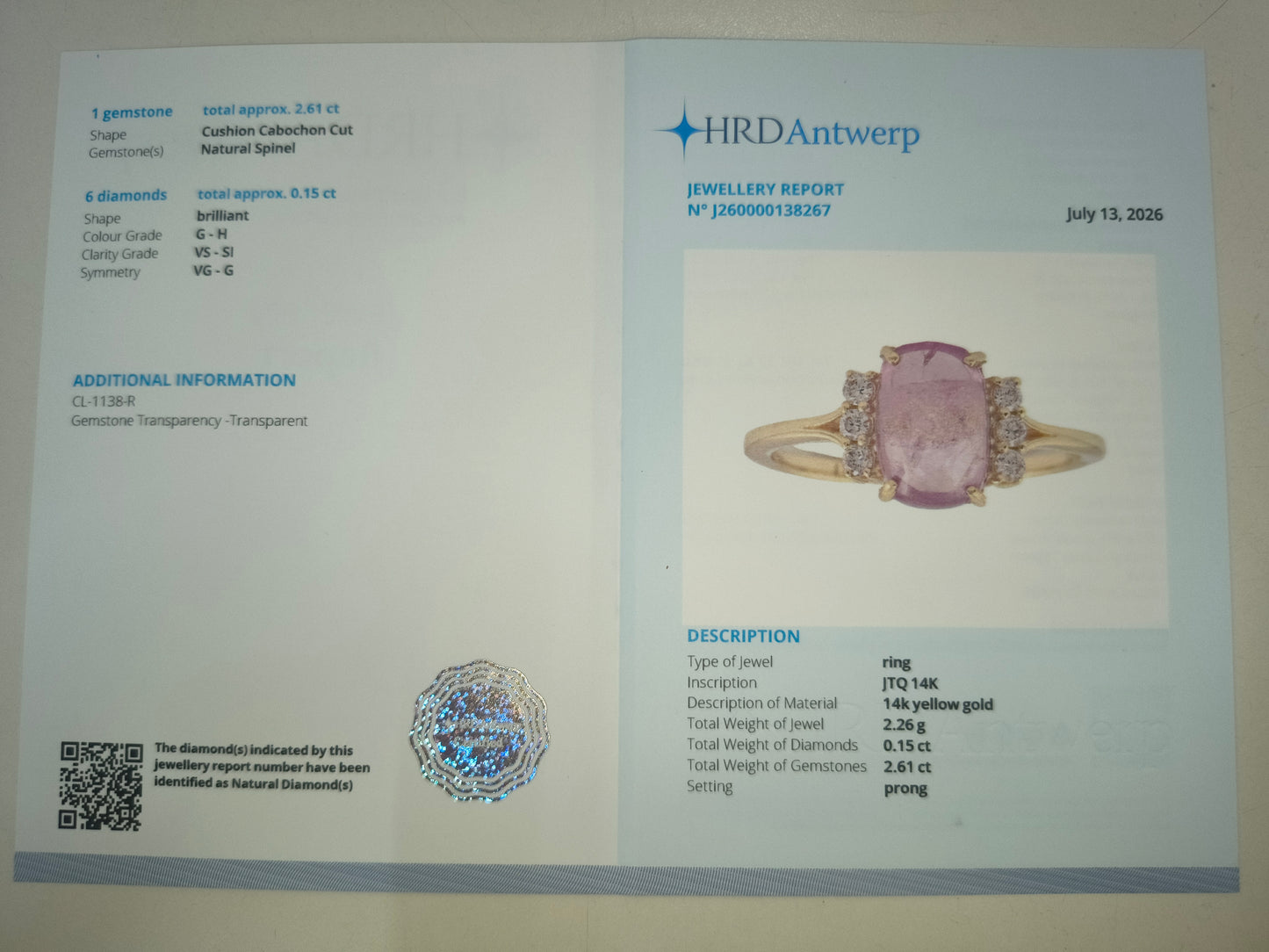 2.76 Ct Cushion Cabochon Cut Natural Spinel 14K Gold Ring