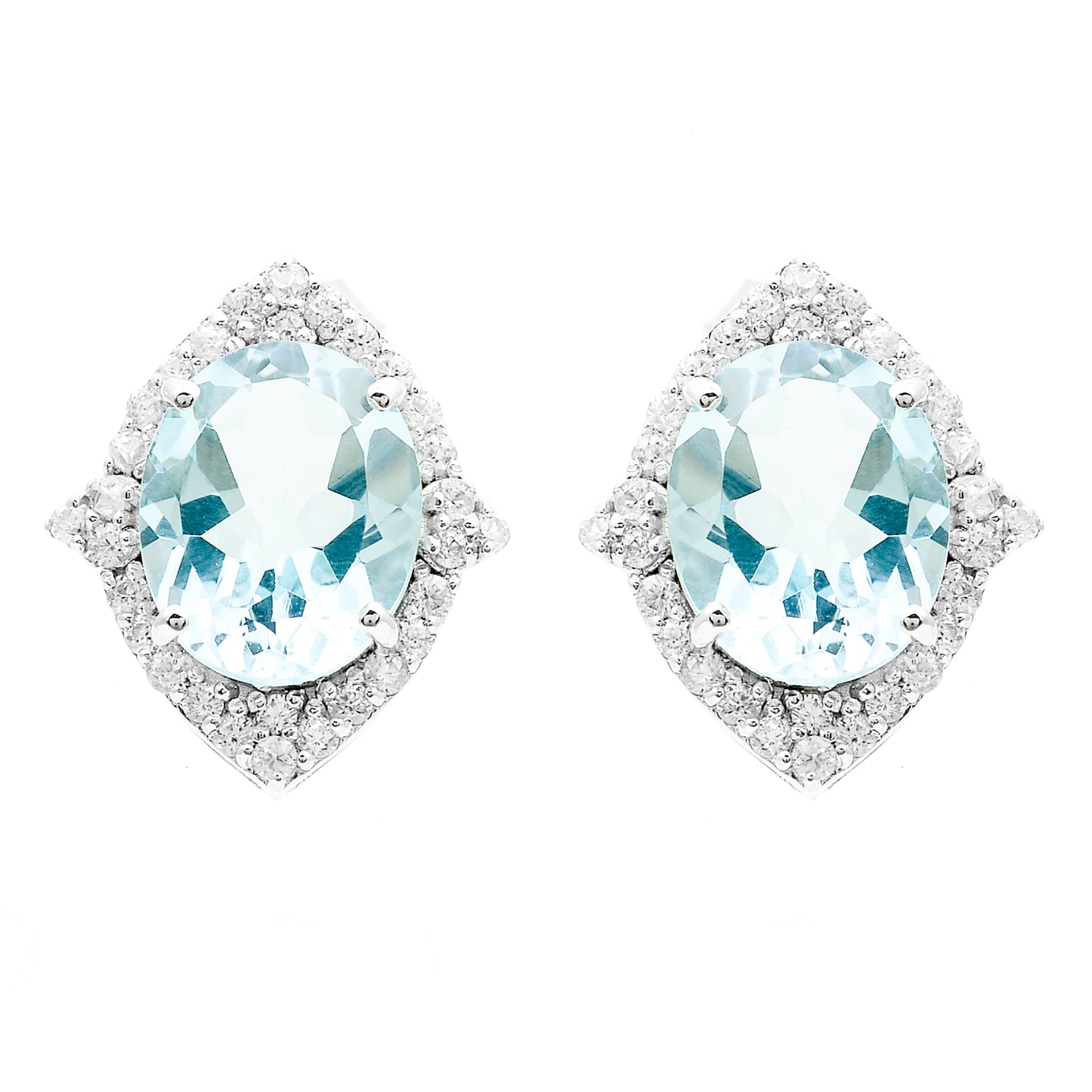 7.51 Ct Oval Blue Topaz, White Zircon 925 Sterling Silver Earrings