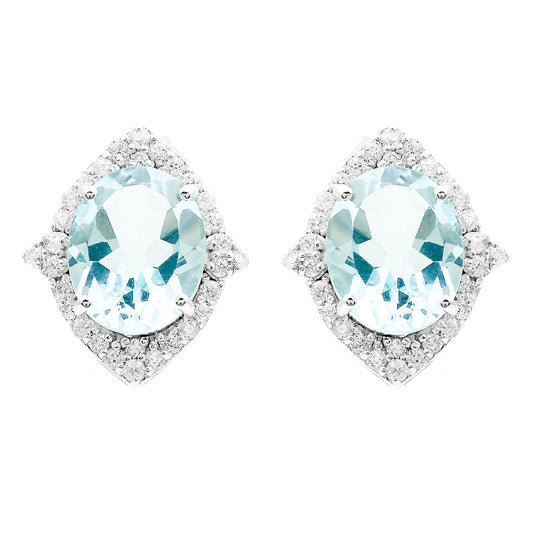 7.51 Ct Oval Blue Topaz, White Zircon 925 Sterling Silver Earrings