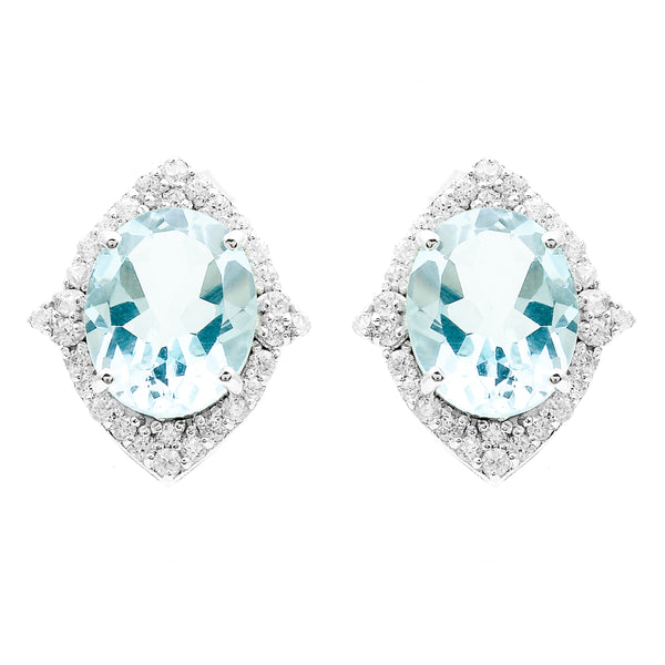 7.51 Ct Oval Blue Topaz, White Zircon 925 Sterling Silver Earrings