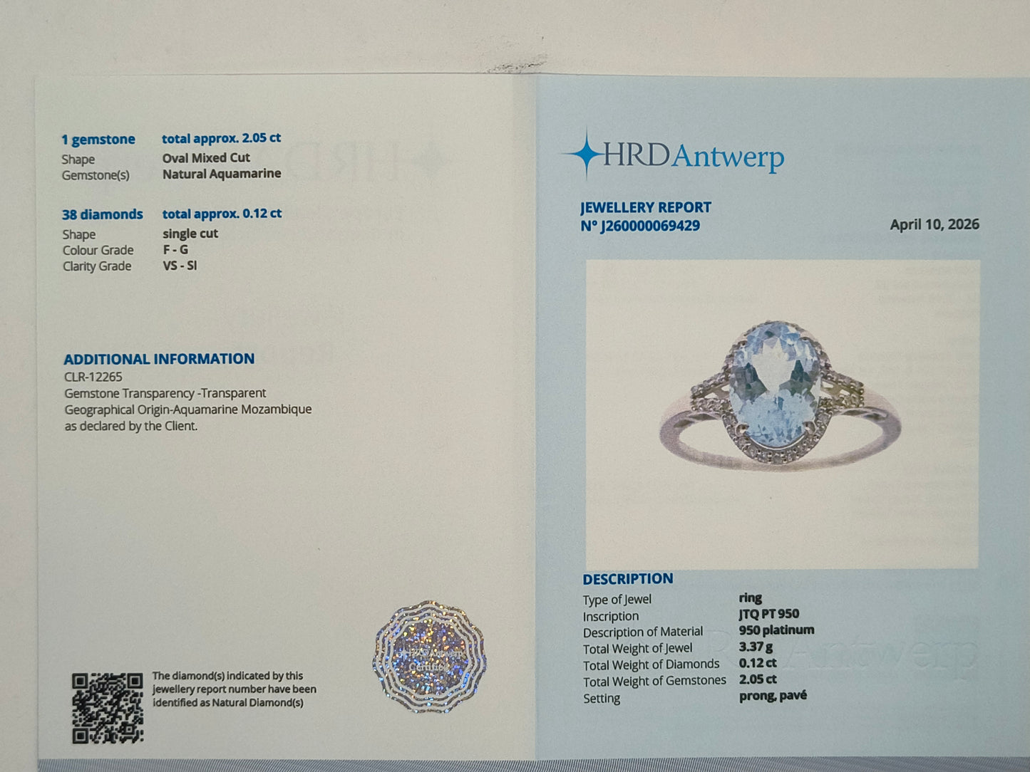 2.17 Ct Oval Mixed Cut Natural Aquamarine 950 Platinum Ring