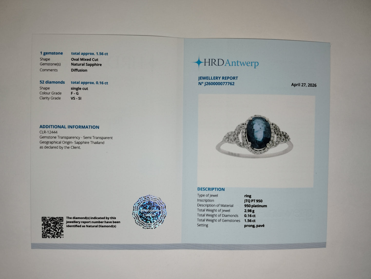 1.72 Ct Oval Mixed Cut Natural Sapphire 950 Platinum Ring